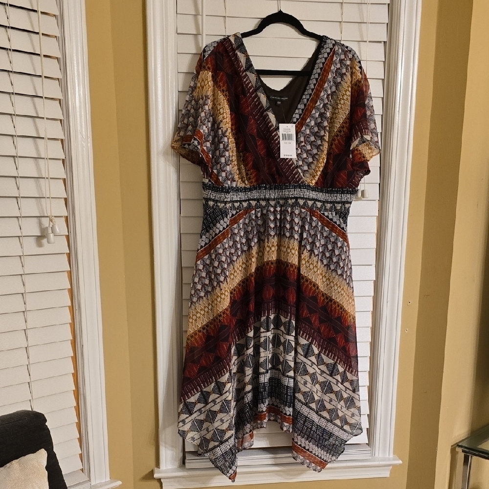 CHRISMcLaughlin Brown and Black V-Neck Asymmetrical dress Size 16 W Fall